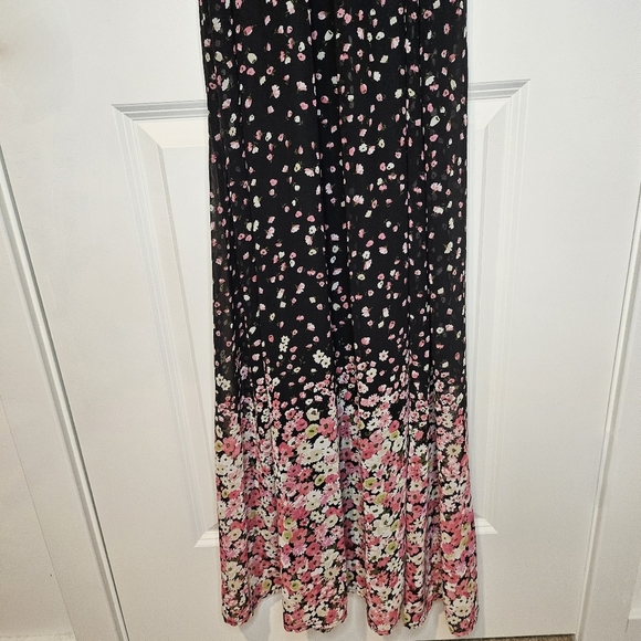 Floral Black Spaghetti Strap Ruffle Top Belted Stretch Waist Maxi Dress Size M - Picture 4 of 14
